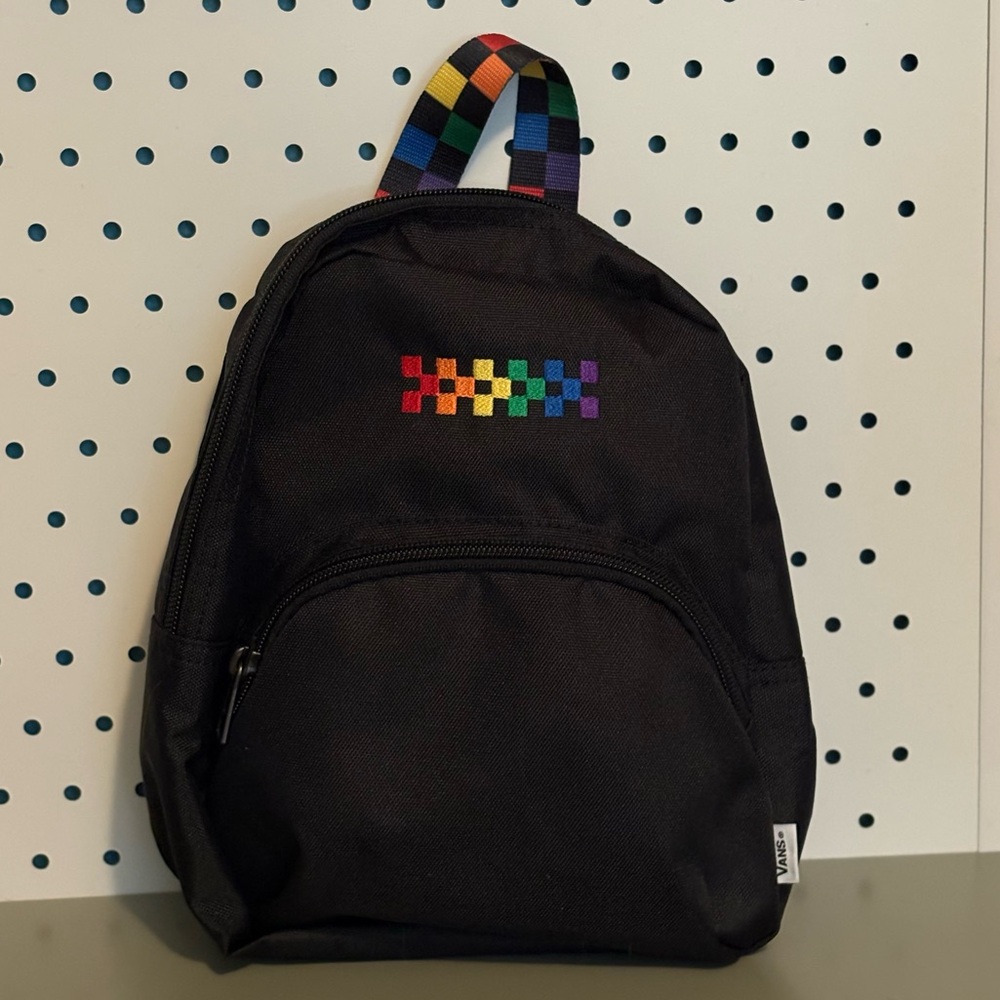 Vans Black Pride Mini Backpack with Rainbow Checkers